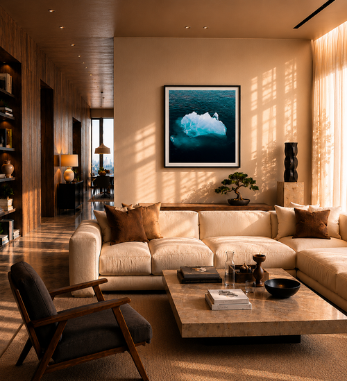 Modern living room with beige sofa, coffee table, and decorative items.