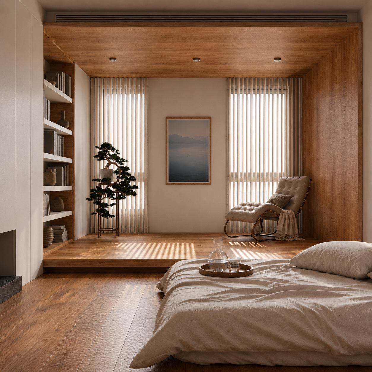 Modern bedroom with wooden ceiling, bookshelf, and bed.