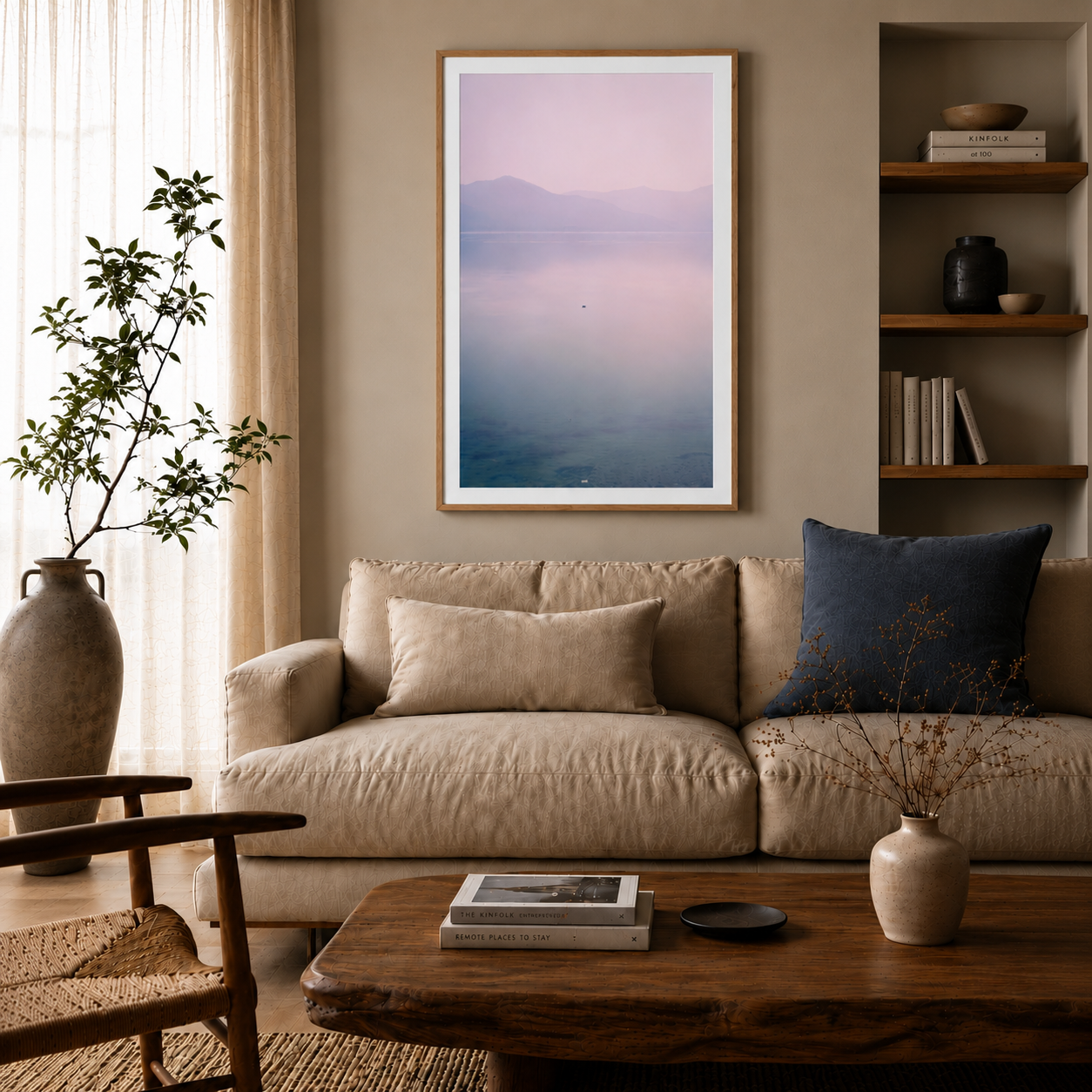 Modern living room with a bookshelf, coffee table and potted plant