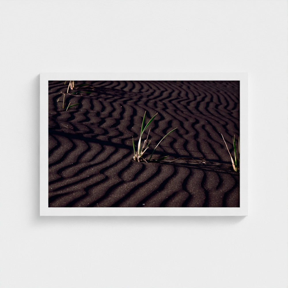 A framed square art print featuring a close-up photograph of dark rippled sand with small green grasses, displayed against a light gray wall.