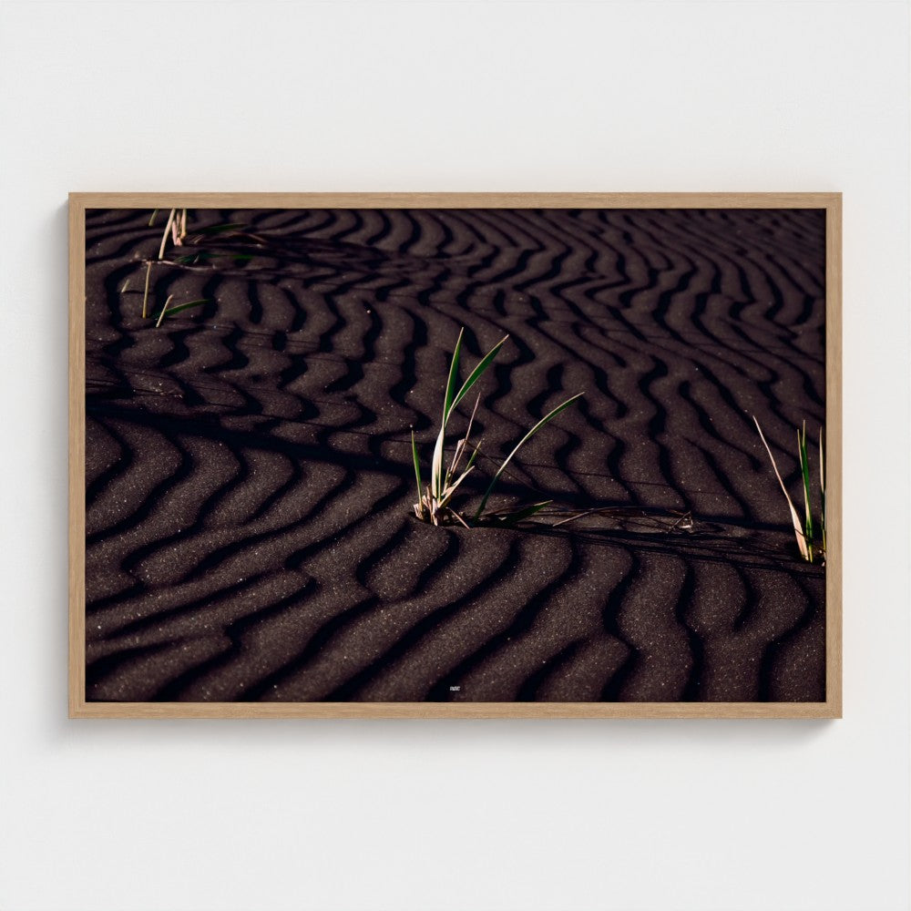A framed square art print depicting dark rippled sand with small green grasses, mounted on a light gray wall.