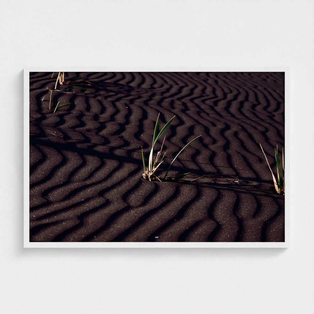 A framed photographic print of dark rippled sand dunes with small green grasses, displayed against a light gray wall.