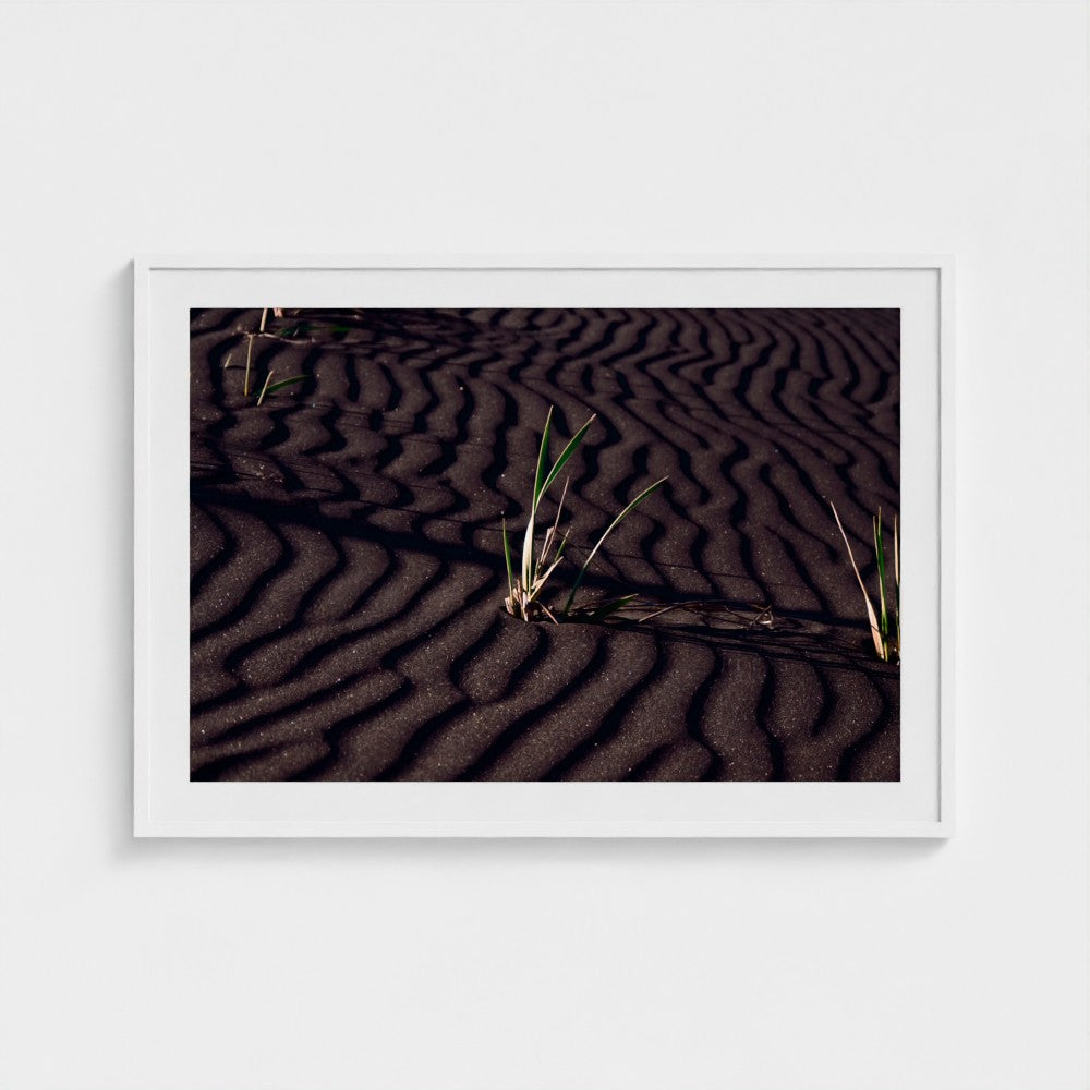 A framed photographic print of dark sand ripples with small green grasses, displayed on a light gray wall.