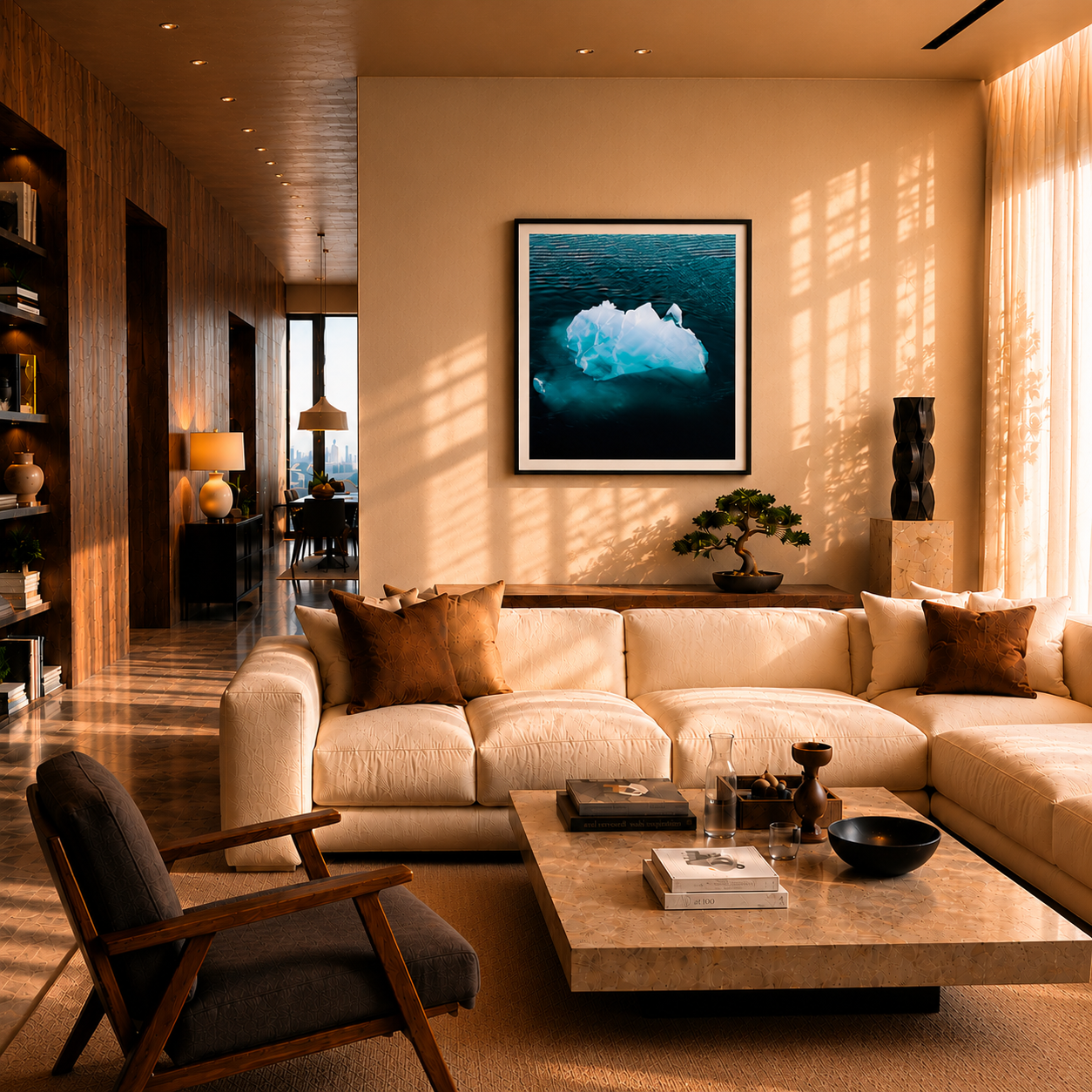 Modern living room with a sectional sofa, coffee table, and decorative items.