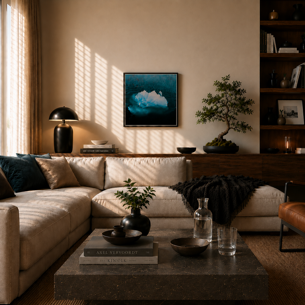 Cozy living room with a beige sectional sofa, coffee table, and decorative items.