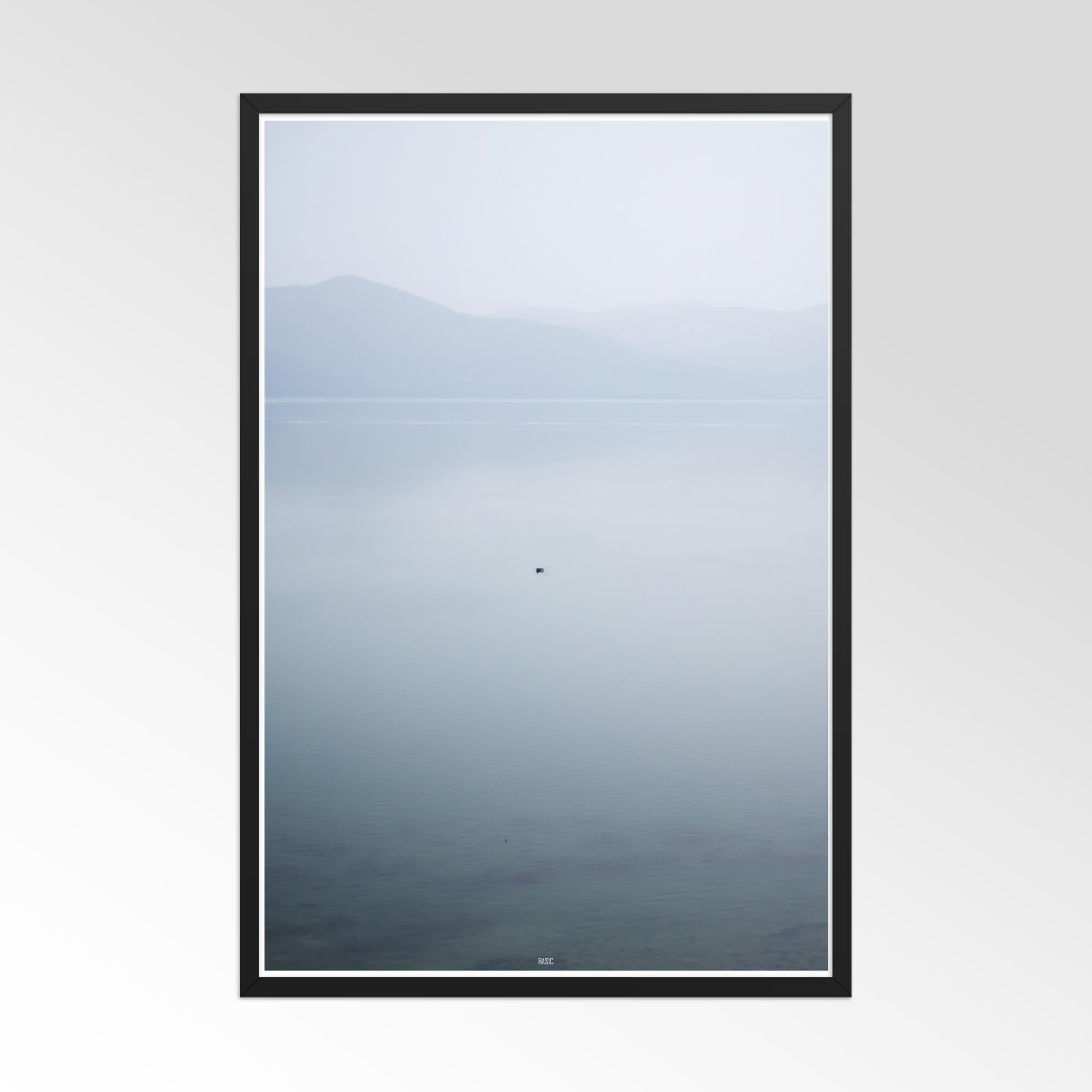 Minimal blue lake and mountains framed poster