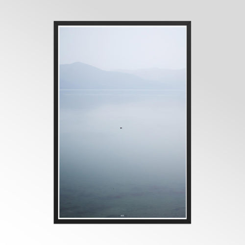 Minimal blue lake and mountains framed poster