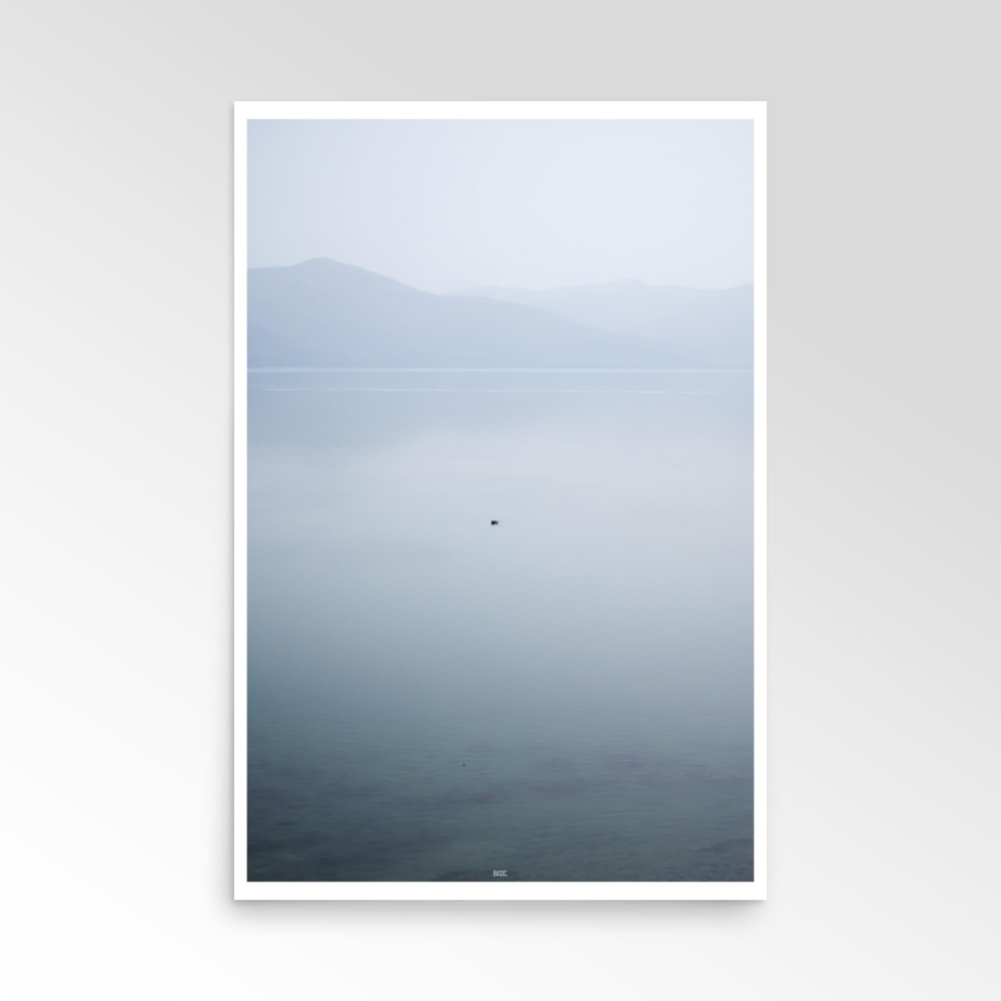 Minimal blue lake and mountains framed poster