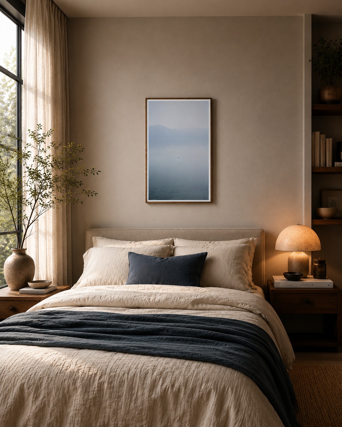 Cozy bedroom with a bed, nightstands, and wall art