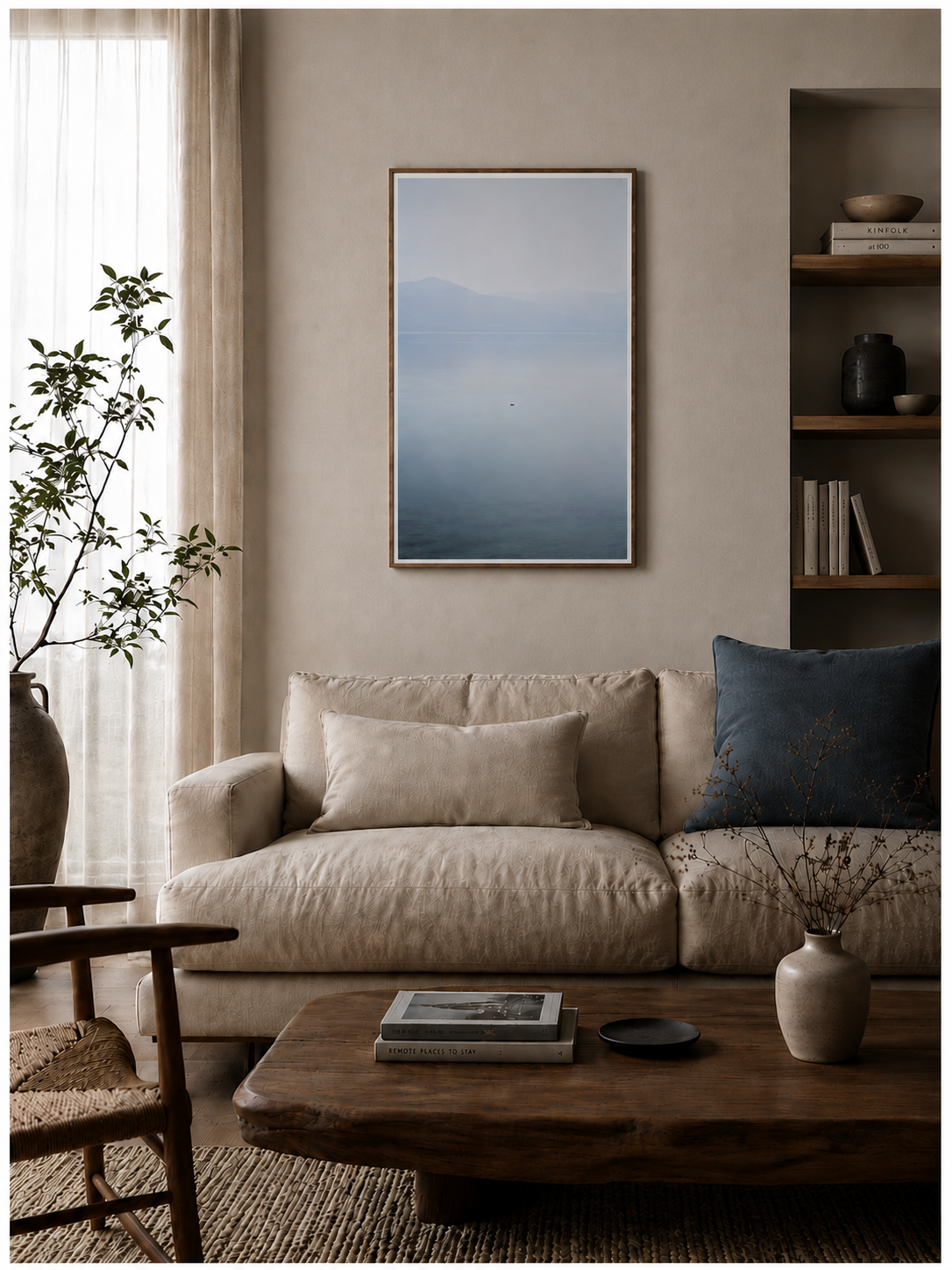 Living room with beige sofa, wooden coffee table, and framed artwork on wall.