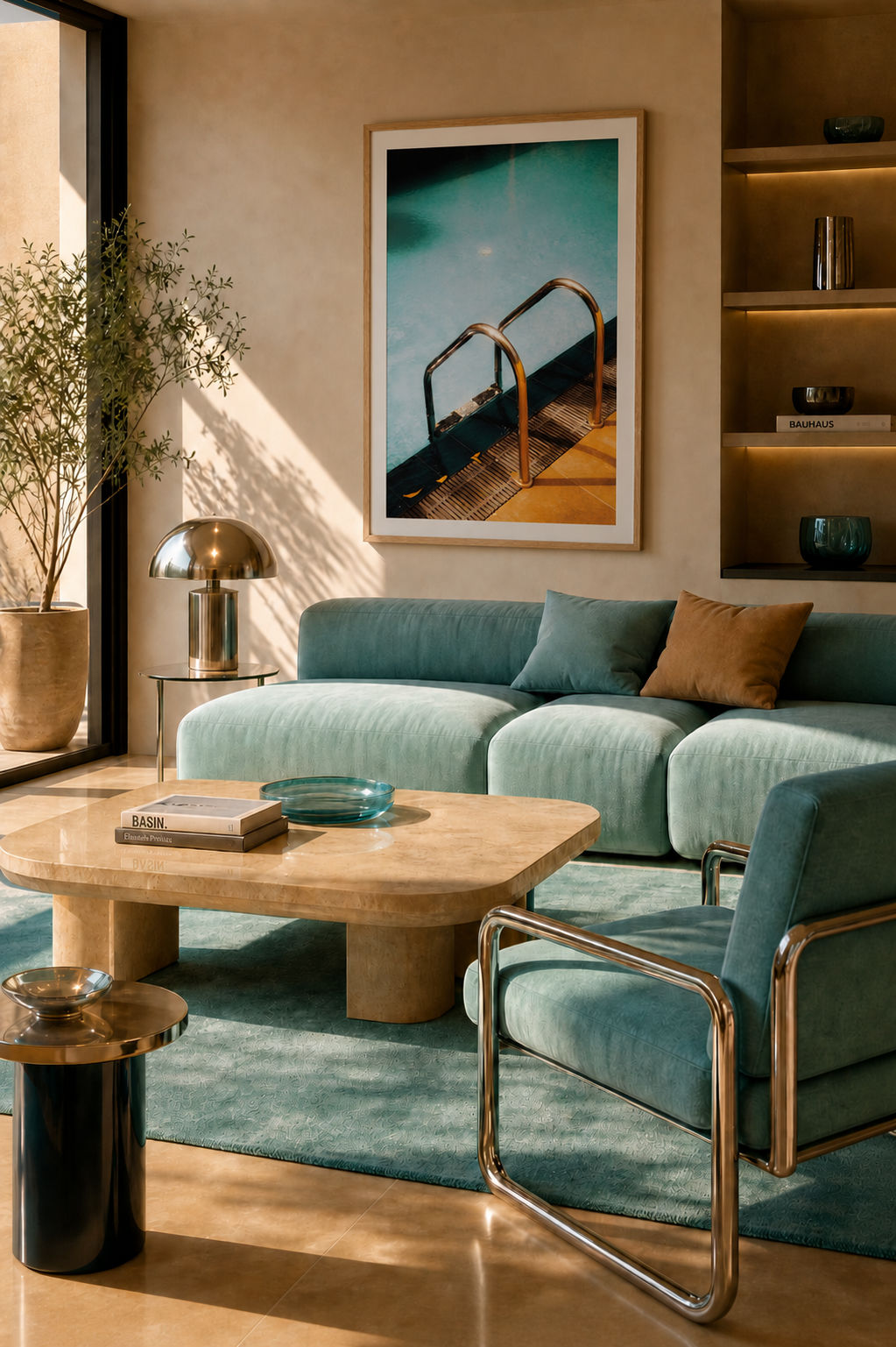 Modern living room with teal sofa, wooden coffee table, and decorative elements.