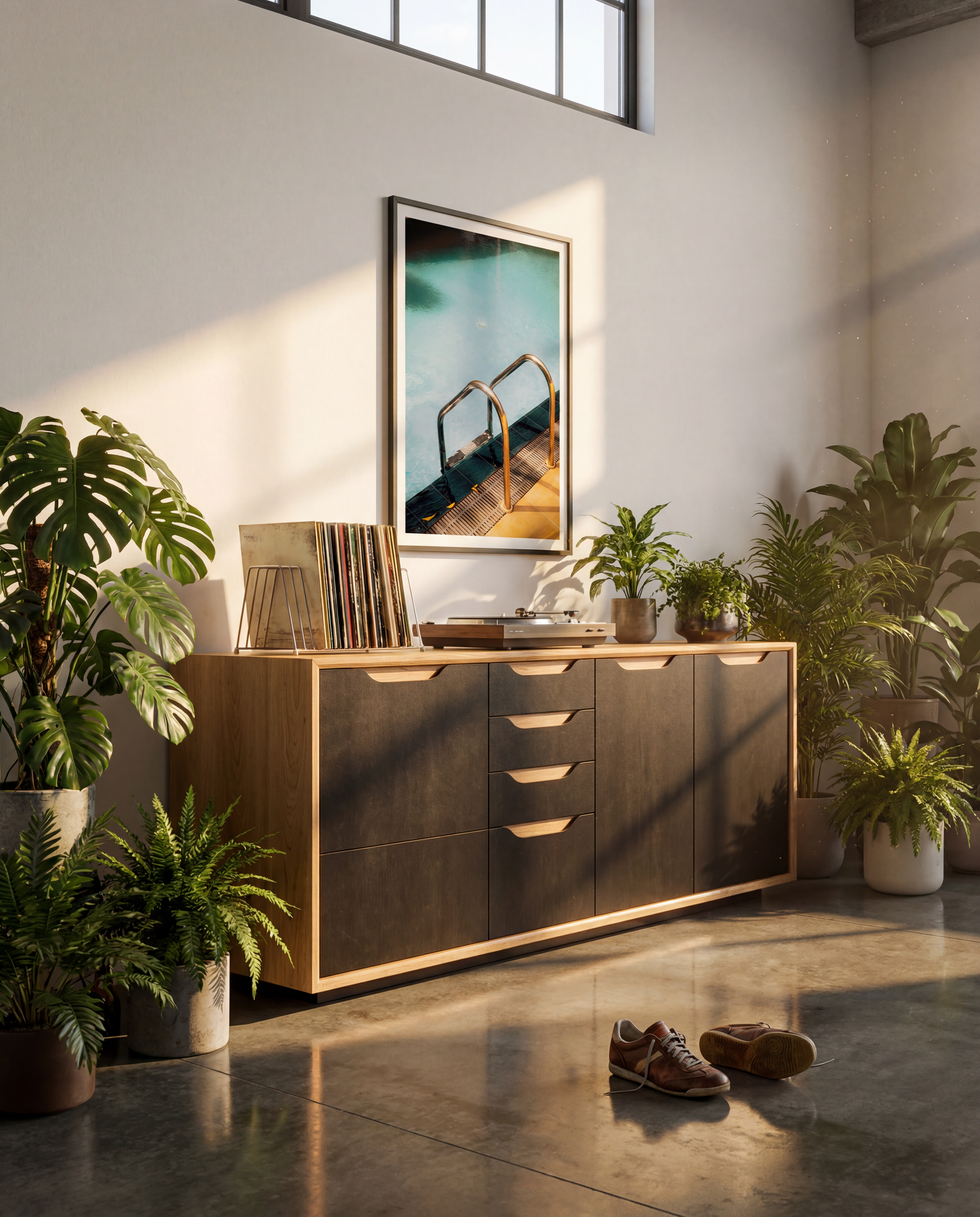 Modern living room with a wooden sideboard, plants, and a framed picture.