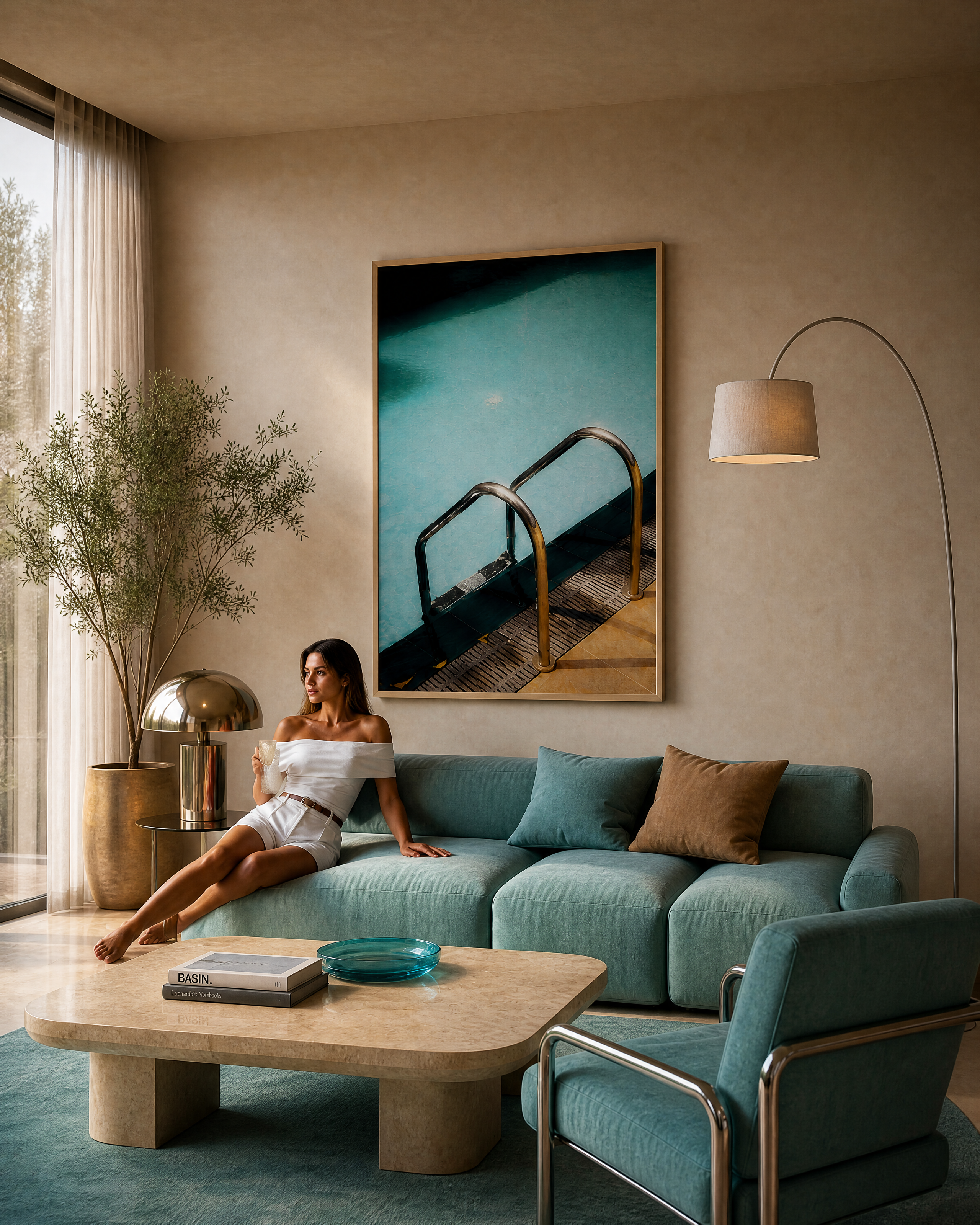 Woman sitting on a teal sofa in a modern living room with a large painting on the wall.