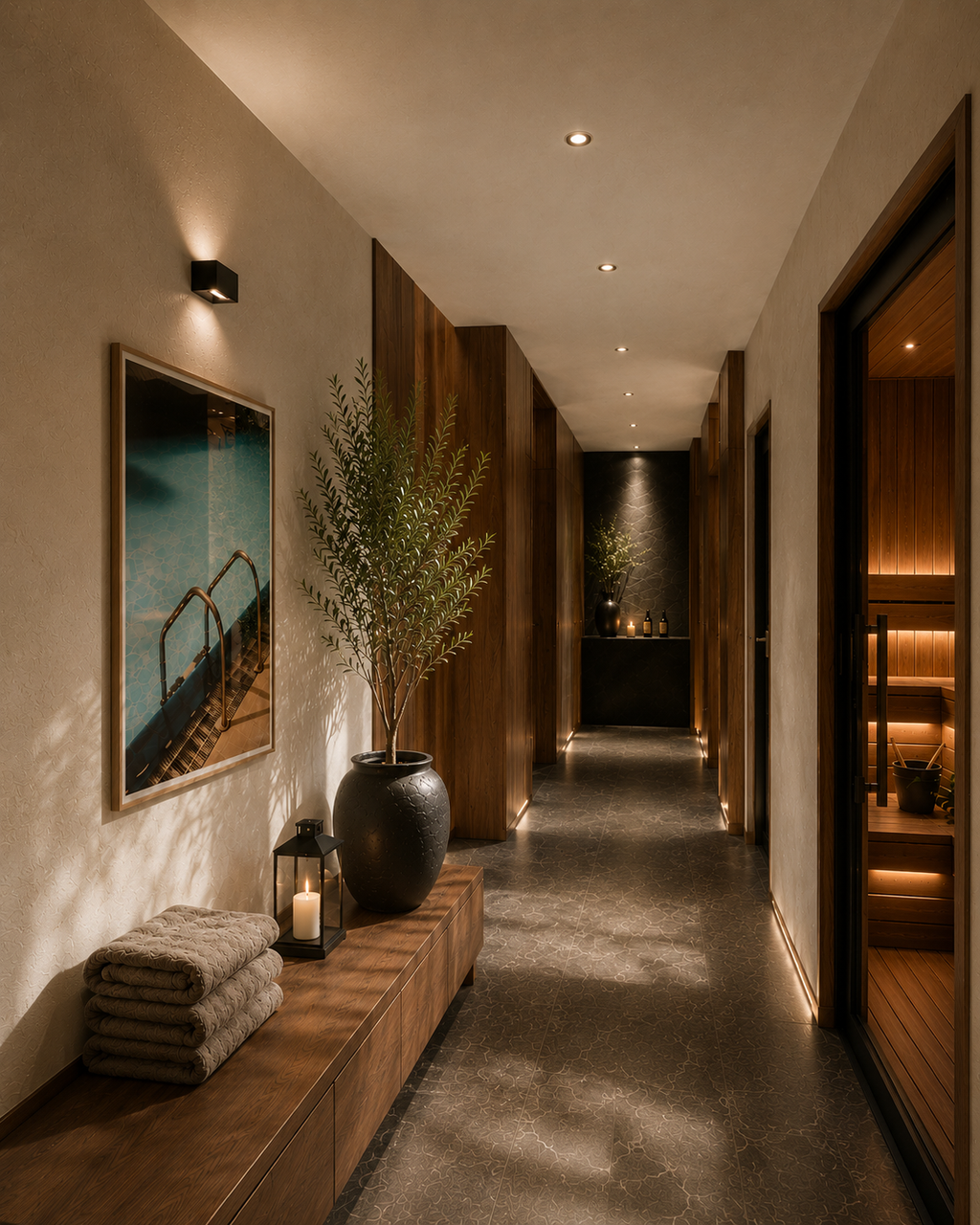 Modern hallway with decorative elements including a vase, candle, and artwork.
