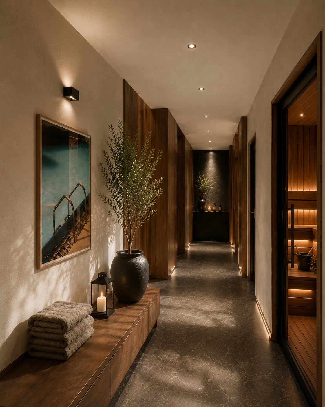 Modern hallway with decorative elements including a vase, candle, and artwork.