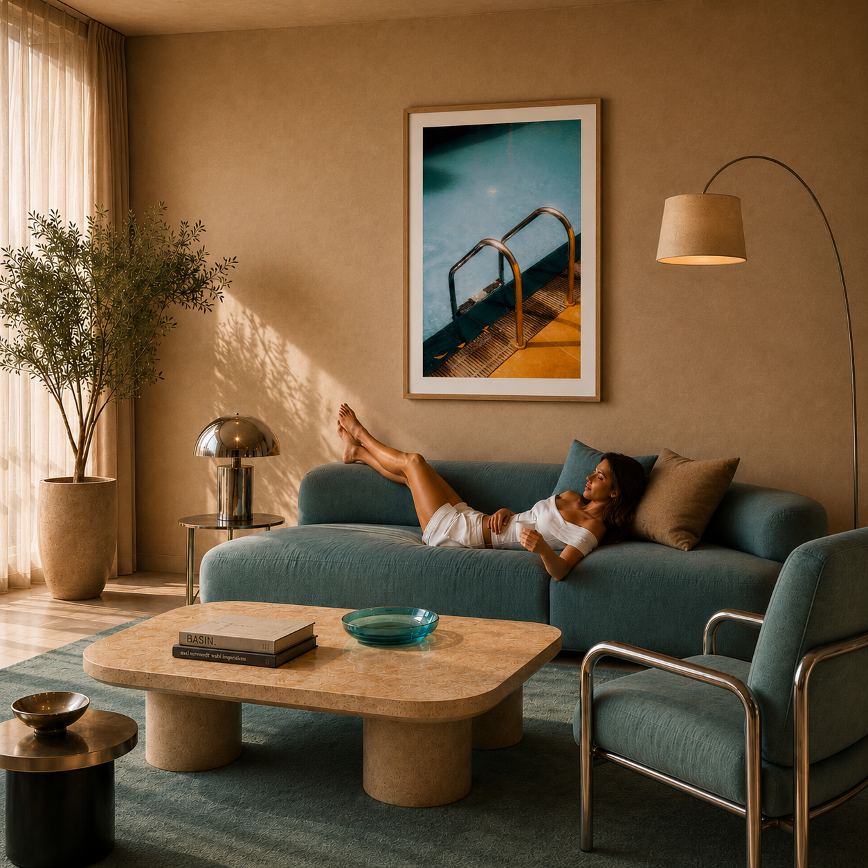 Woman relaxing on a blue sofa in a stylish living room with a large framed picture on the wall.