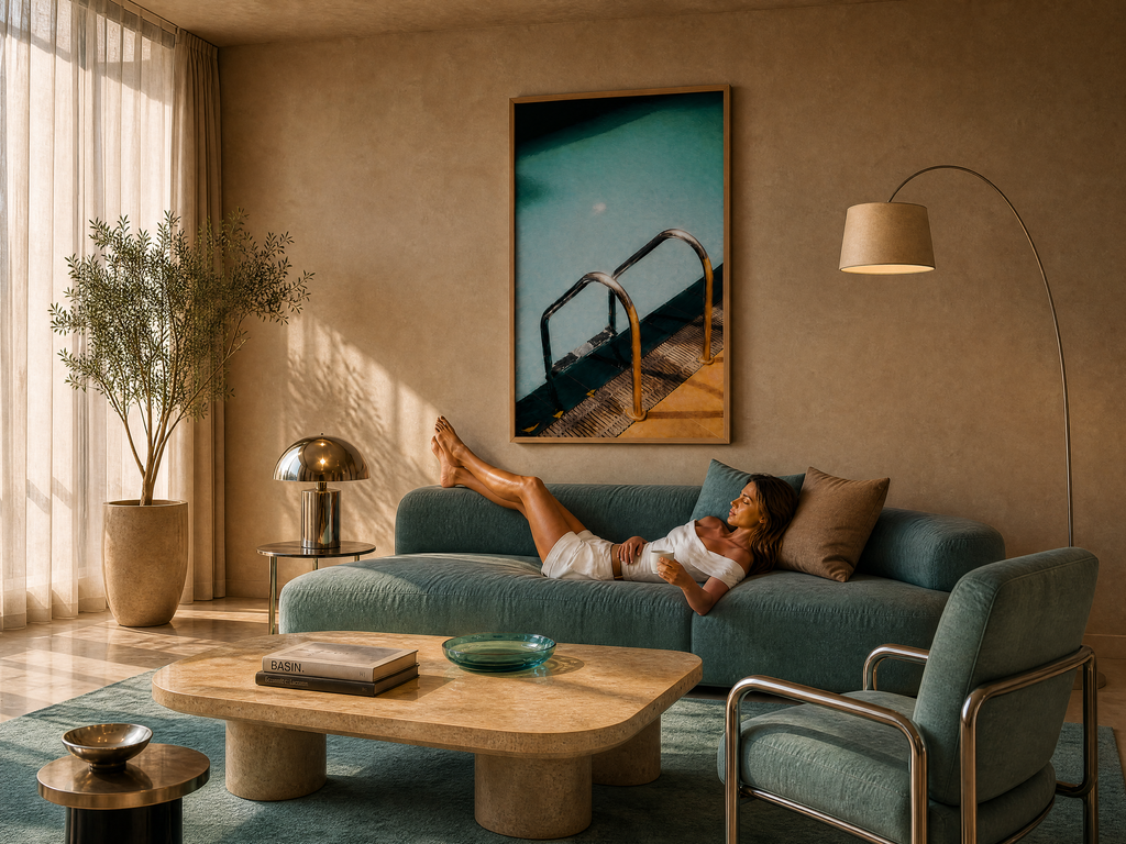 Living room with a person lounging on a sofa, a large painting on the wall, and a lamp.