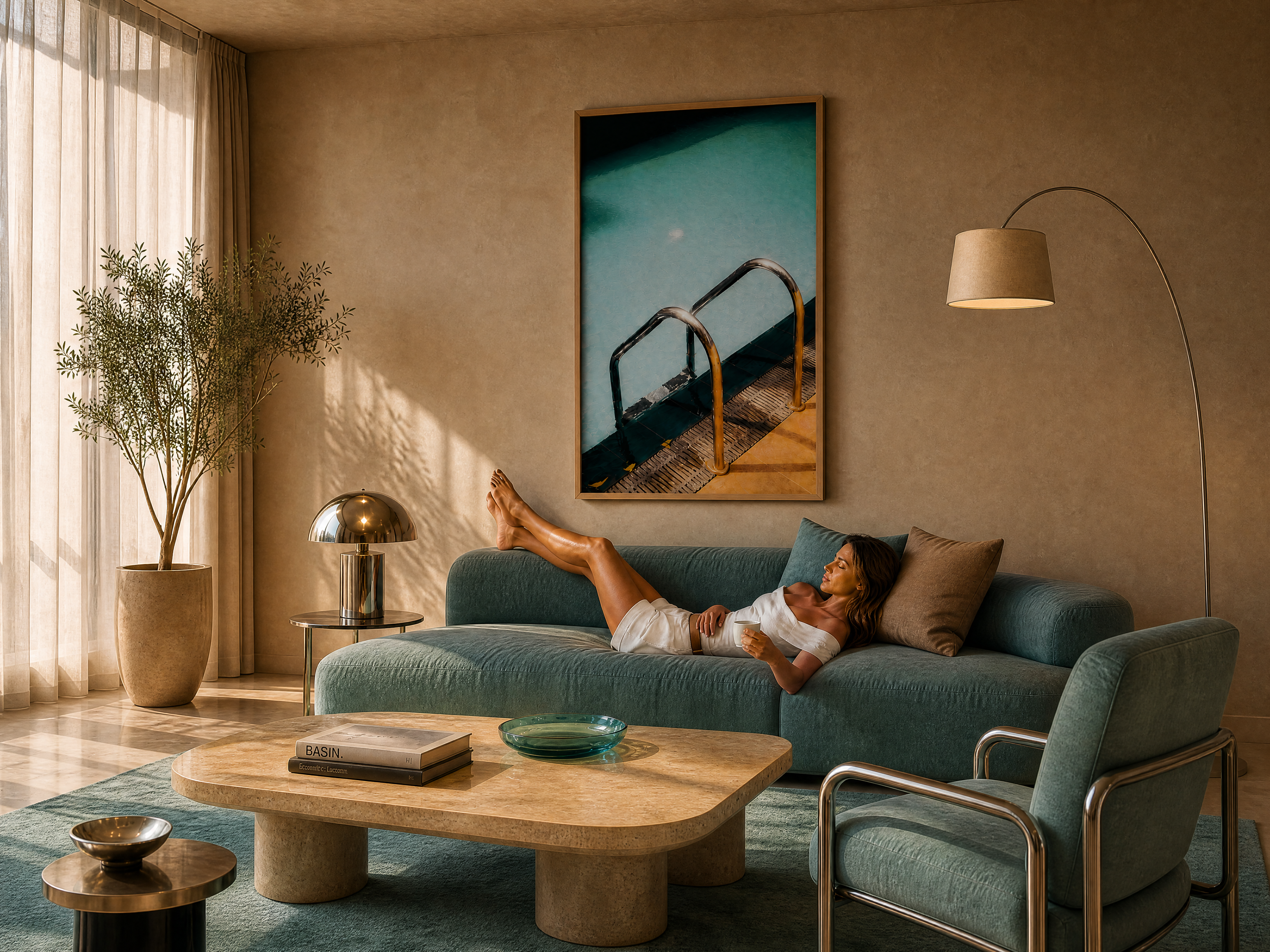 Living room with a person lounging on a sofa, a large painting on the wall, and a lamp.