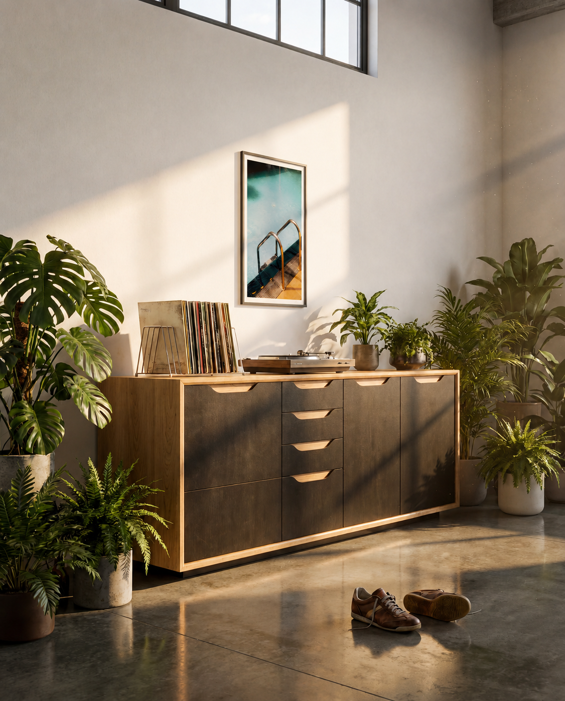 Wooden sideboard with decorative items in a room with plants and a painting.