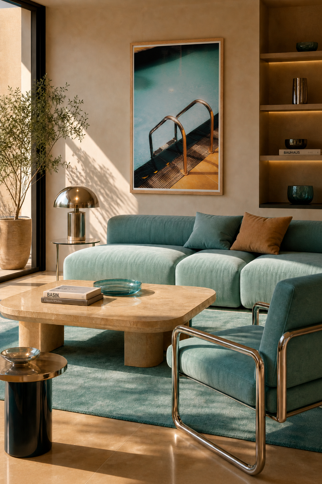 Modern living room with teal sofa, wooden coffee table, and decorative elements.
