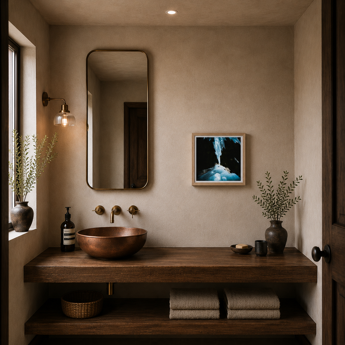 A modern bathroom vanity setup with a round copper vessel sink on a floating dark wood console, a large rectangular wall mirror, a small framed artwork, and neutral-toned decor against a textured beige wall.