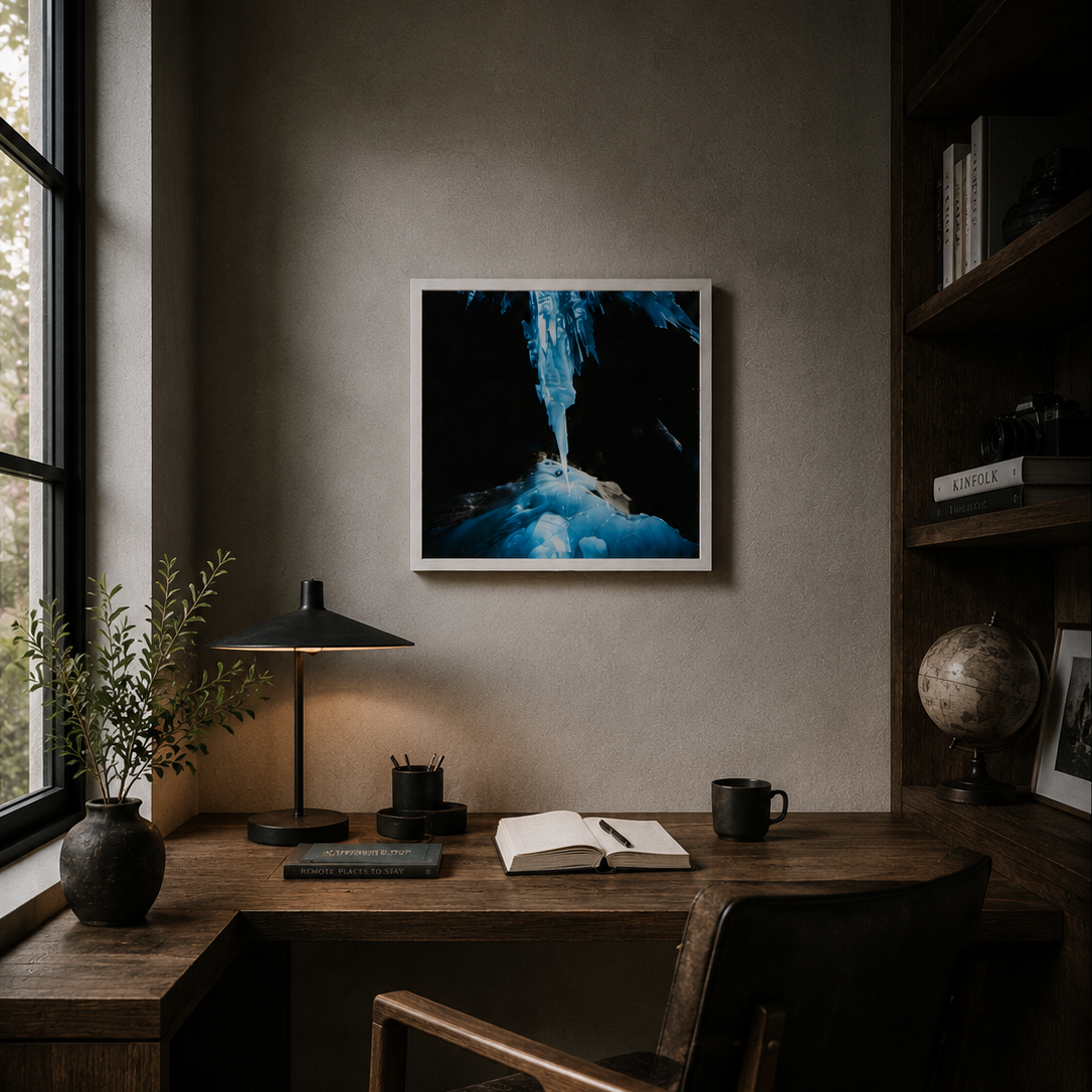 A framed square wall art print depicting a glowing blue waterfall in a dark cave, displayed in a modern, dimly lit home office setting above a wooden desk.