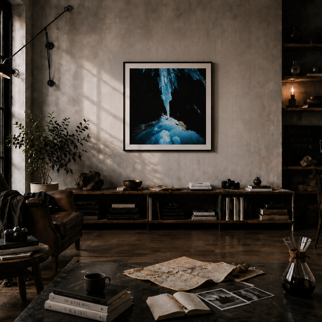 A framed square wall art print featuring a dramatic blue and black ice cave scene, displayed in a dark, stylishly decorated living room with a leather armchair, wooden shelves, and a coffee table in the foreground.