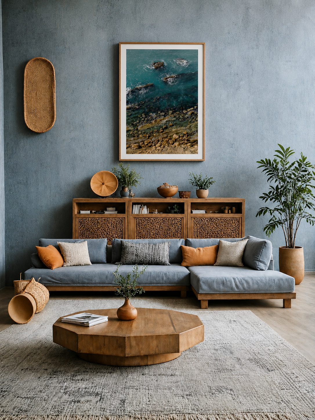 Modern living room with a gray sofa, wooden coffee table, and decorative items.