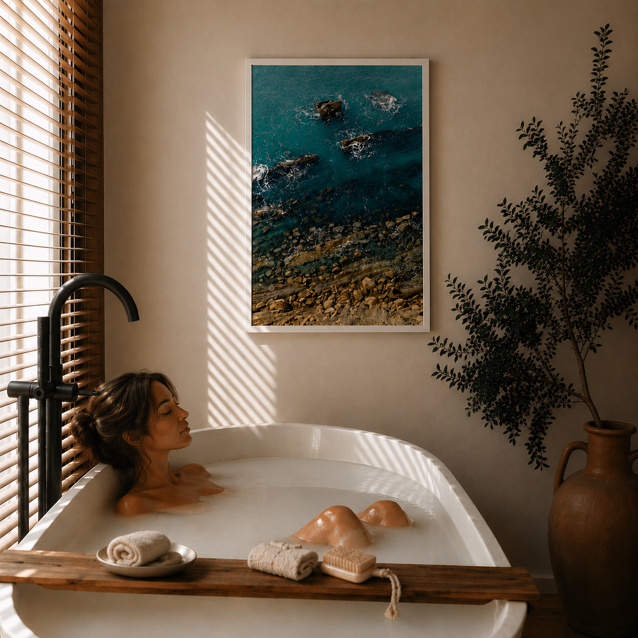 Woman in a bathtub with a scenic wall art above, surrounded by natural elements.