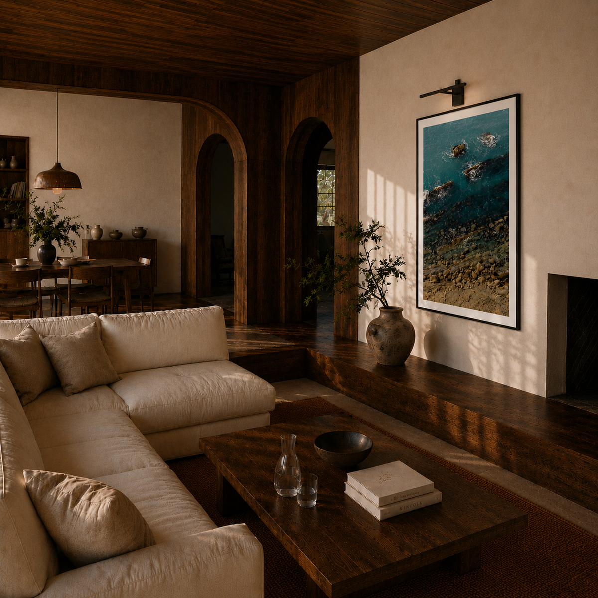Cozy living room with beige sofa, wooden coffee table, and framed artwork on wall.