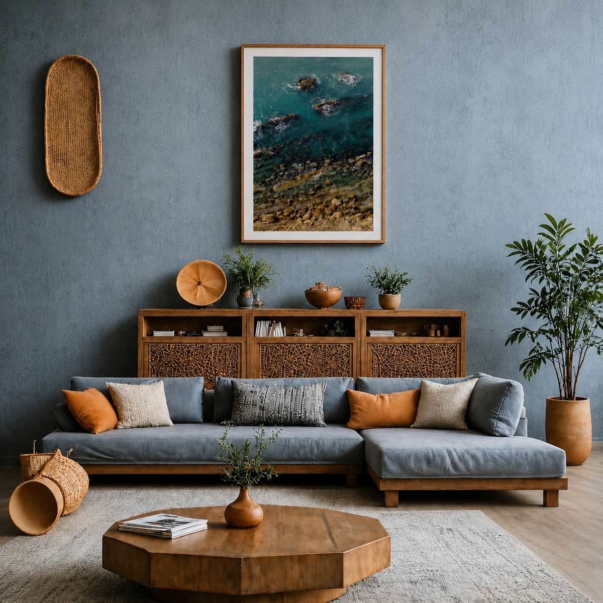 Modern living room with a gray sofa, wooden coffee table, and decorative items.