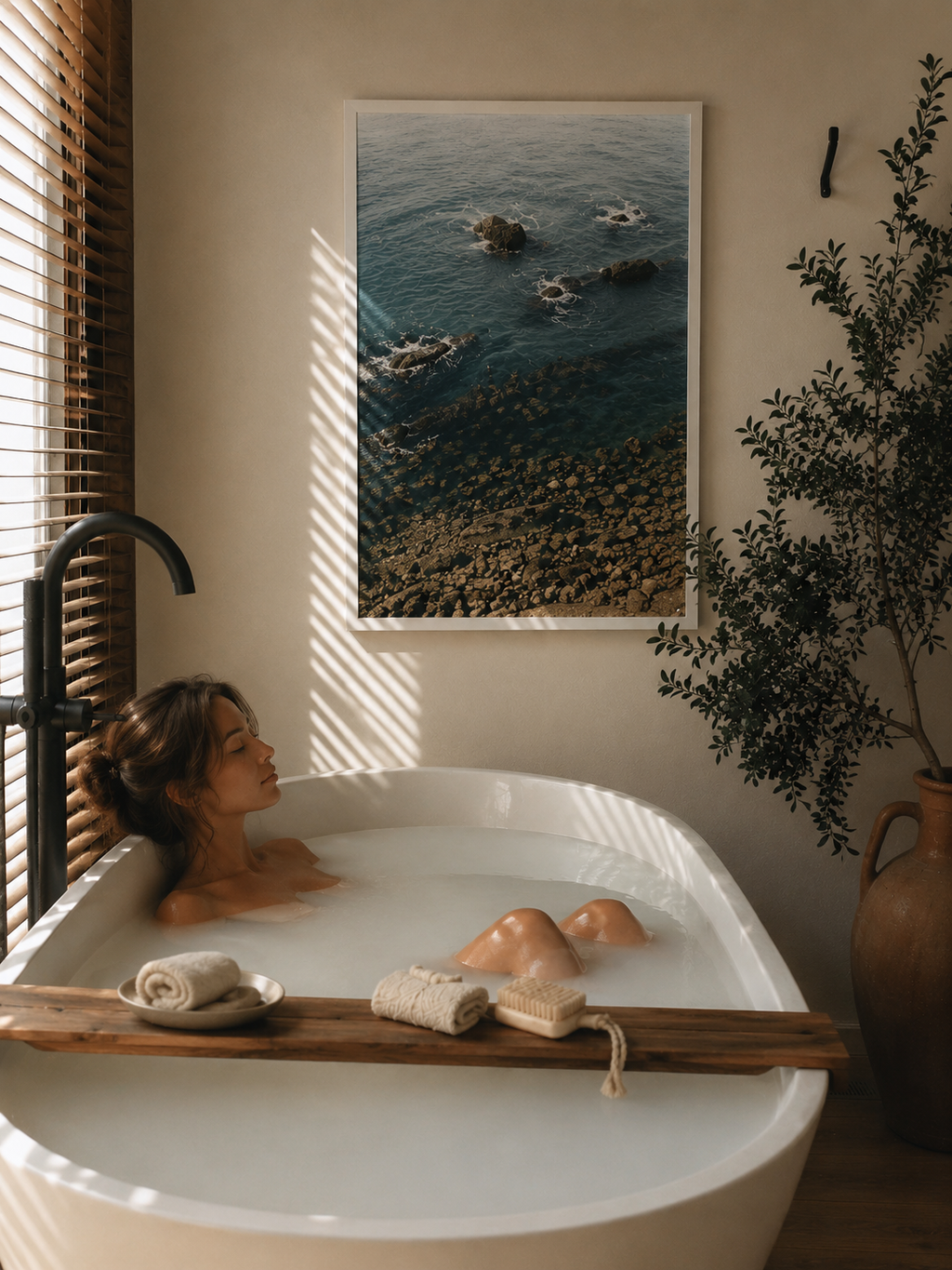 Woman relaxing in a bathtub with a scenic wall art above her