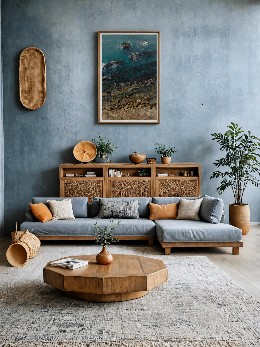 Modern living room with a gray sectional sofa, wooden coffee table, and decorative items.