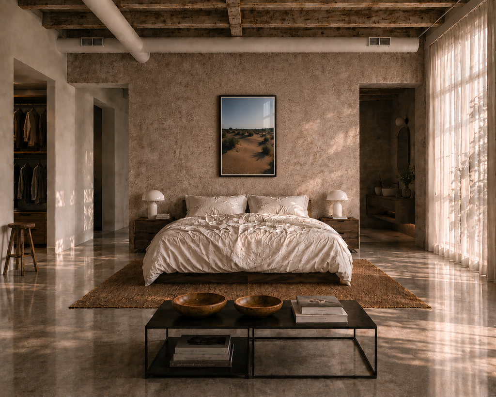 Modern bedroom with a bed, coffee table, and wall art in a well-lit room.