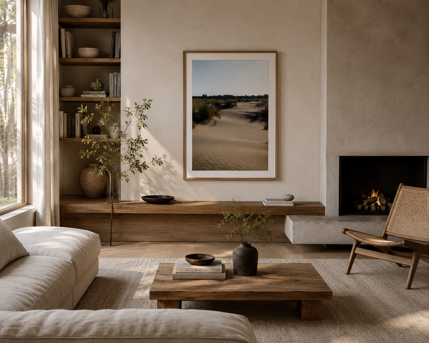 Modern living room with neutral tones, a fireplace, and a large framed picture.