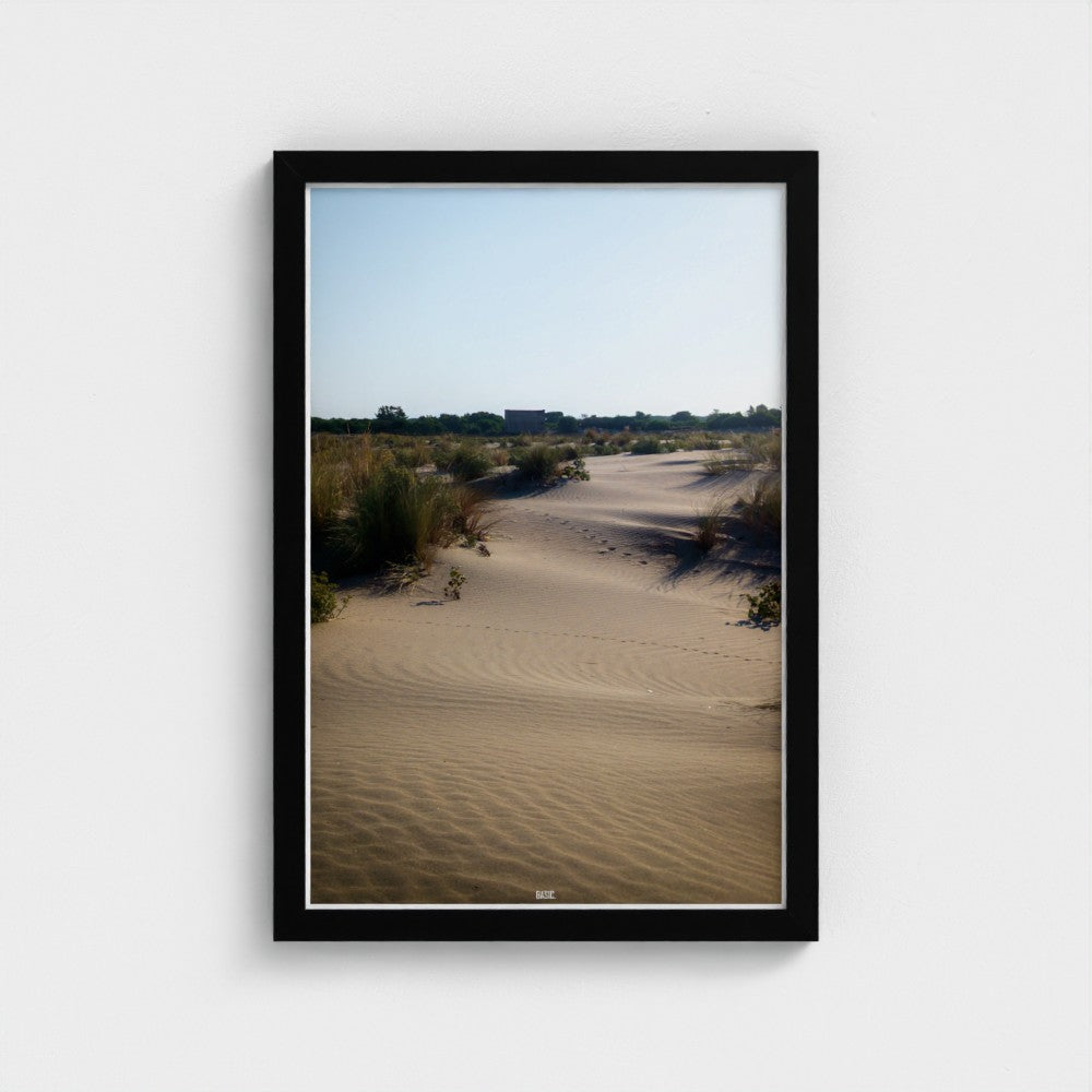 Framed photograph of a desert landscape with sand dunes and sparse vegetation.