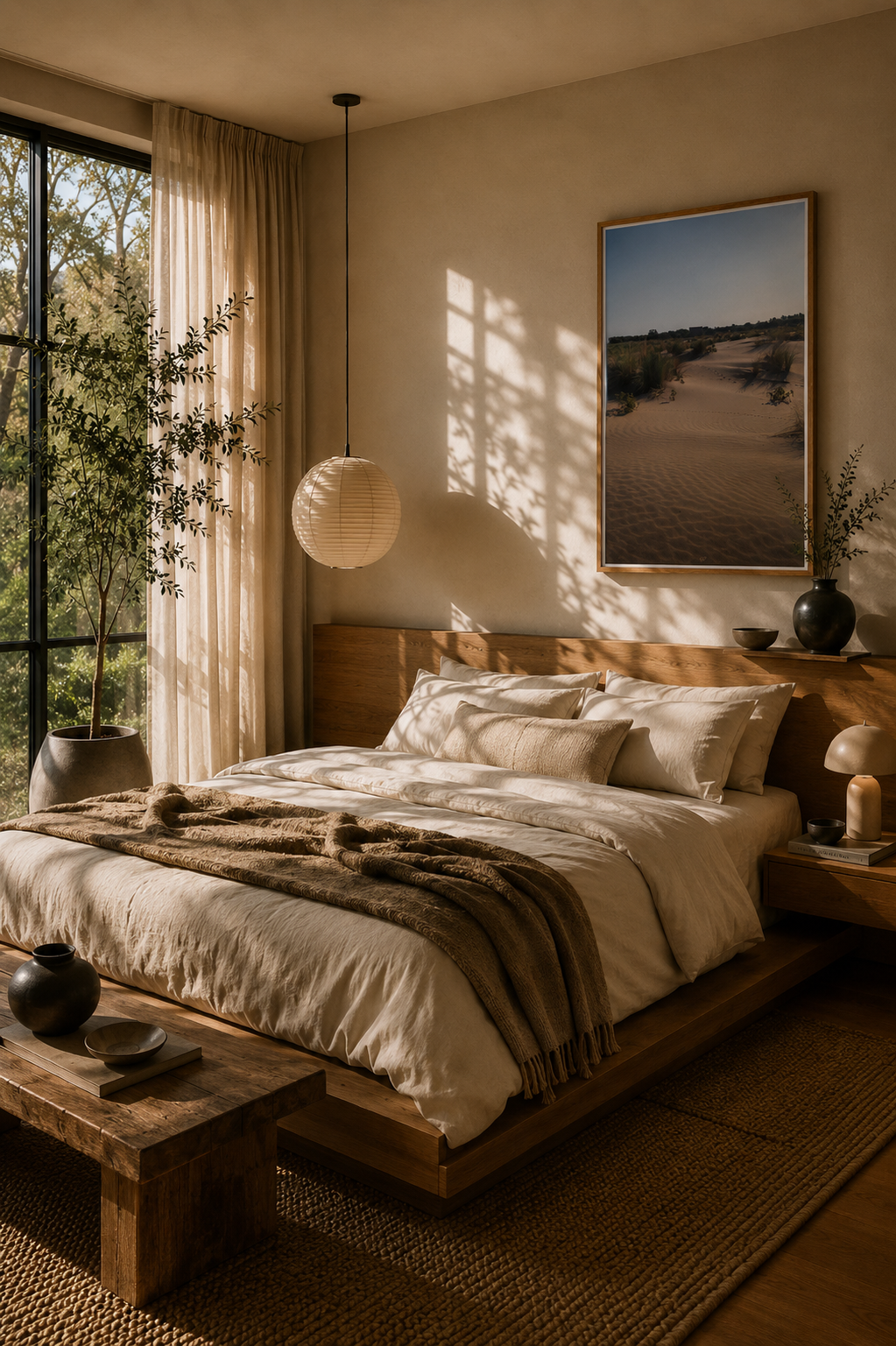 Cozy bedroom with wooden bed, natural light, and desert-themed wall art.