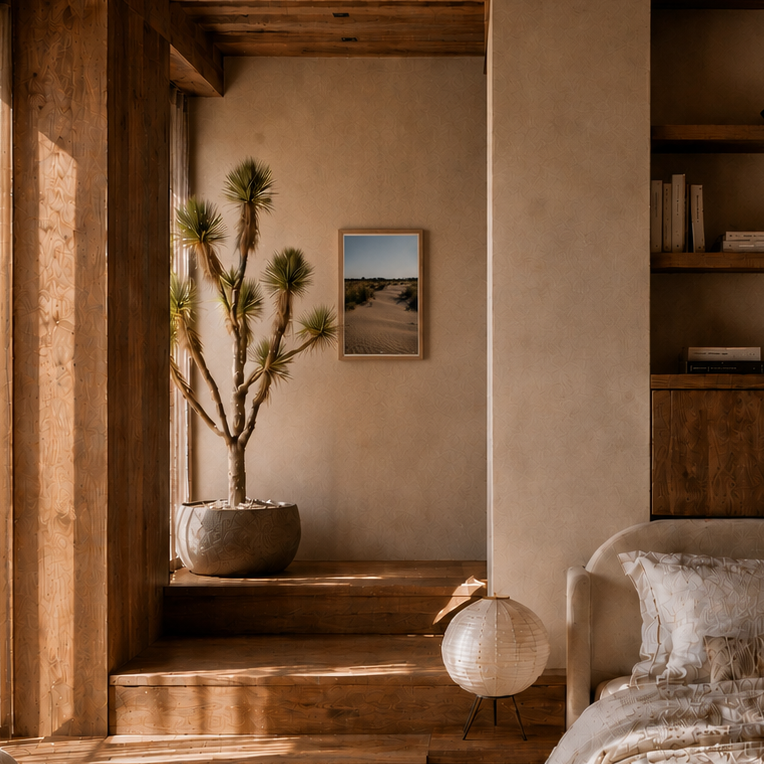 Cozy interior with wooden steps, plant, and books in a warm-toned room.
