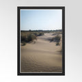 Framed photograph of a desert landscape with sand dunes and sparse vegetation.