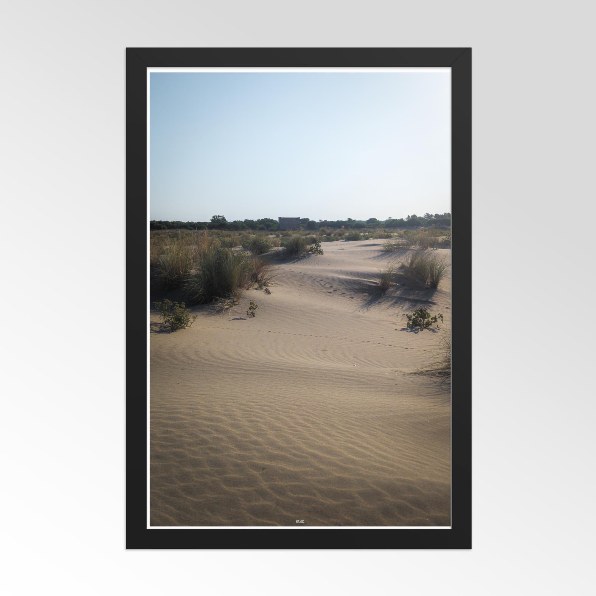 Framed photograph of a desert landscape with sand dunes and sparse vegetation.