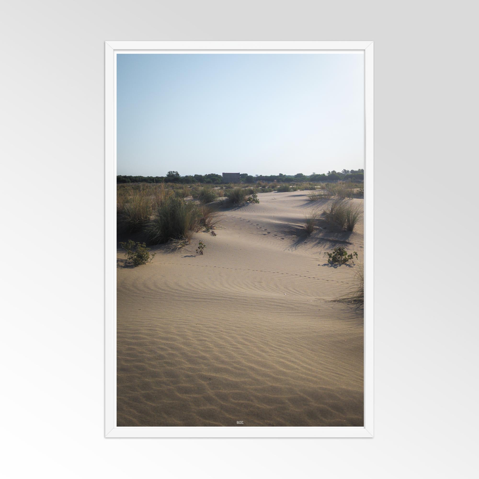 Desert landscape with sand dunes and sparse vegetation under a clear blue sky.