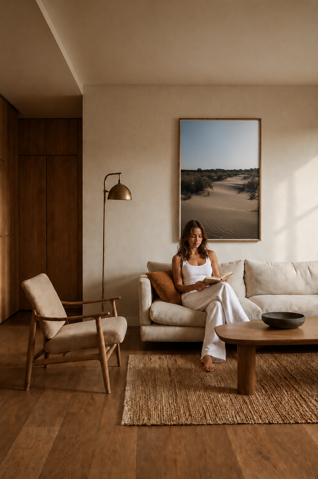 Woman sitting on a couch in a cozy living room with a large desert landscape painting on the wall.