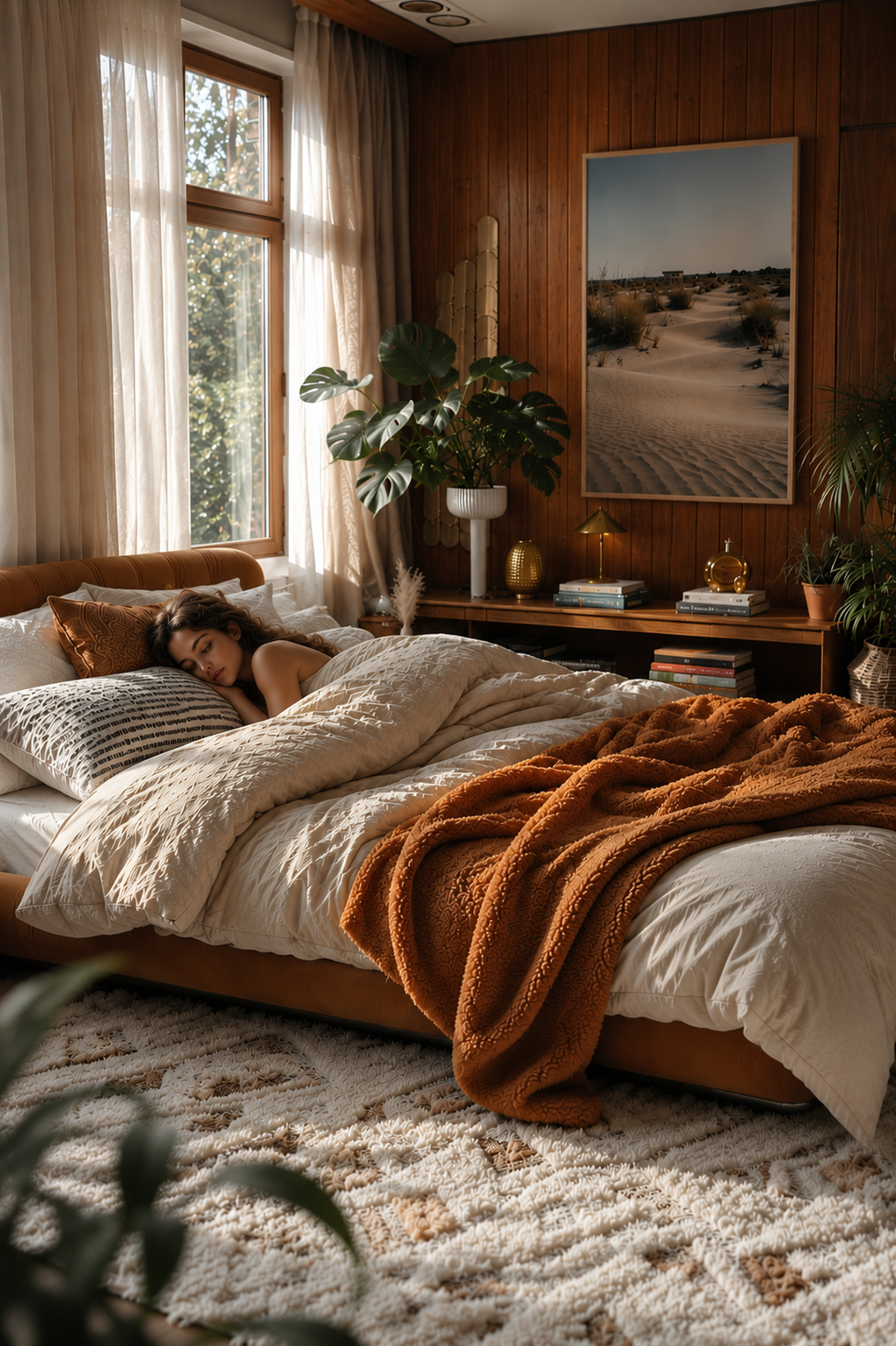 Cozy bedroom with wooden walls, large window, and a person lying on the bed.