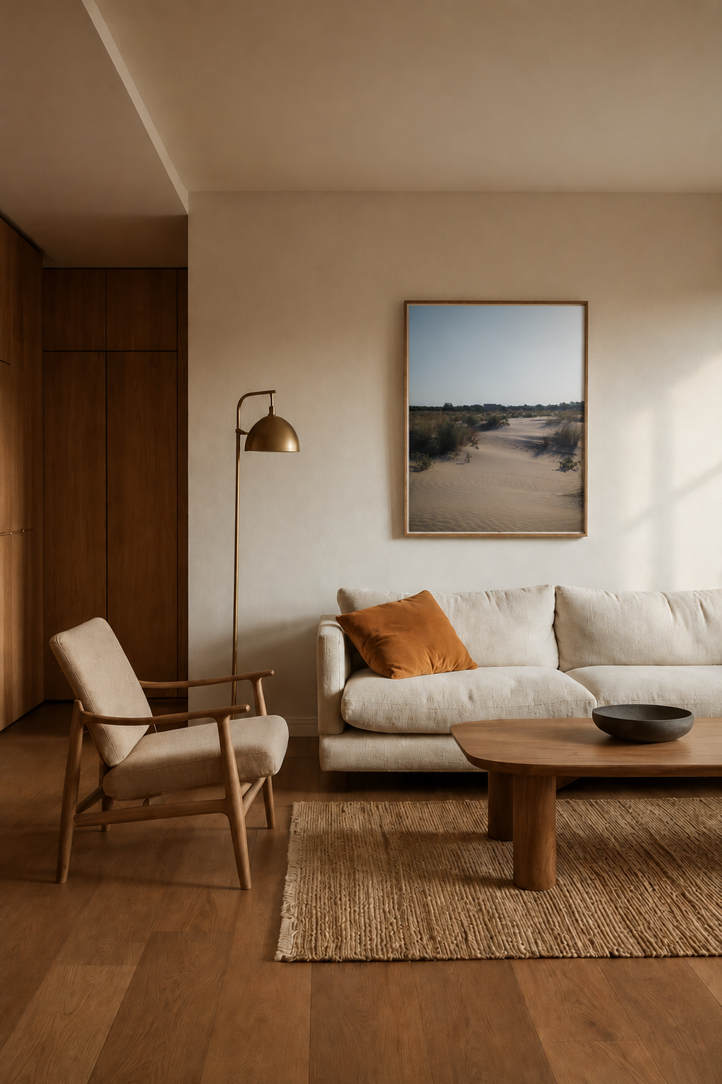 Modern living room with a sofa, armchair, coffee table, and wall art.
