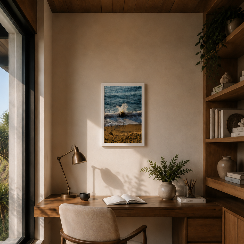 Home office with ocean view, wooden desk, chair, and decor.