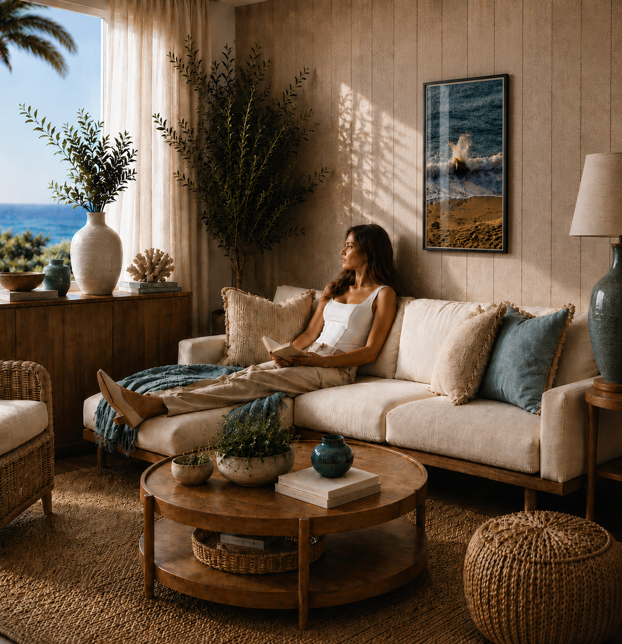 Woman sitting on a beige sofa in a cozy living room with wooden furniture and decorative plants.