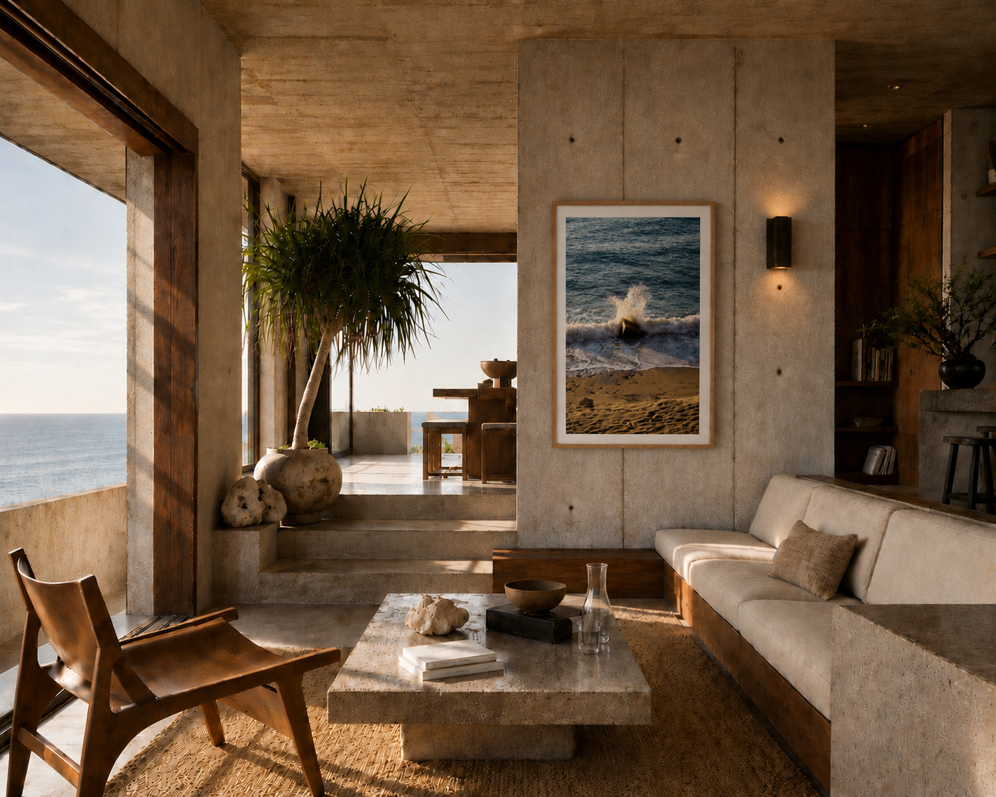 Modern living room with ocean view, concrete walls, and a large framed picture of a beach scene.