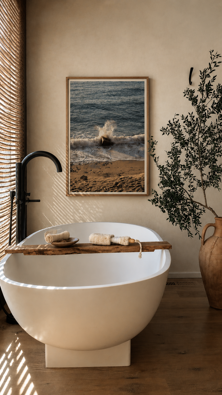 Bathroom with a freestanding bathtub, framed beach scene, and plant.