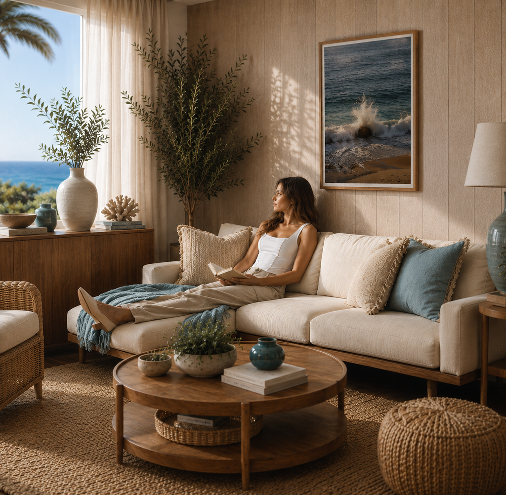 Woman sitting on a beige sectional sofa in a stylish living room with ocean view.