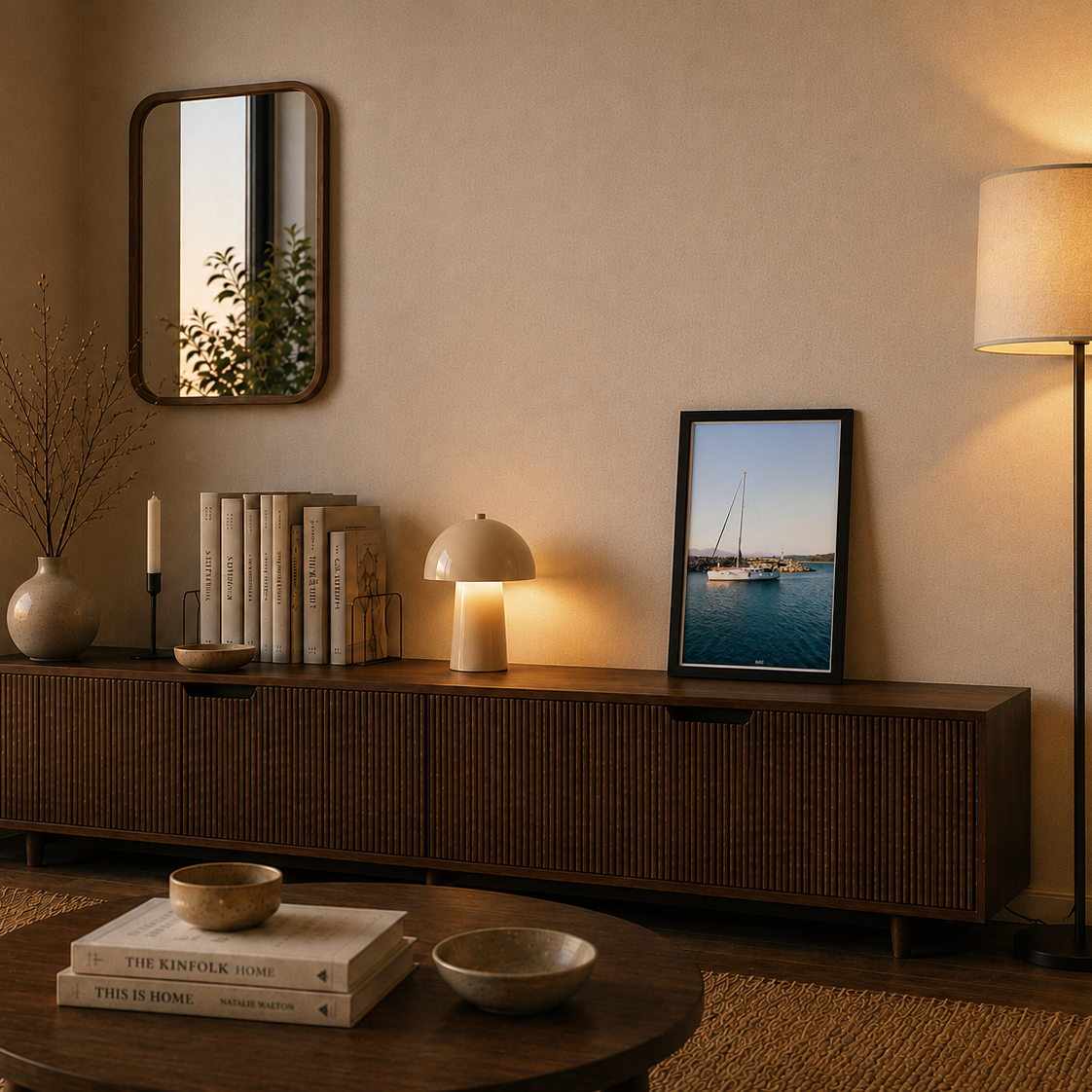 Modern living room with a wooden console table, mirror, and framed picture.